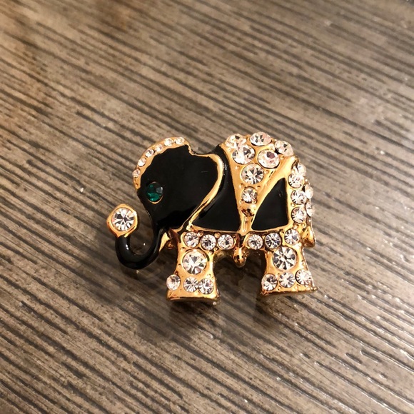 Vintage Black Enamel & Rhinestone Lucky Elephant Pin - Picture 2 of 13